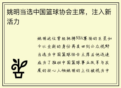 姚明当选中国篮球协会主席，注入新活力